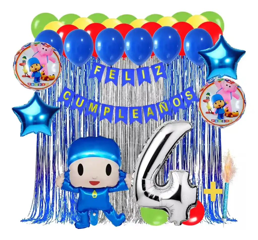 Kit Globos Decoracion Pocoyo Bebe Azul Cortina Flecos Feston #4