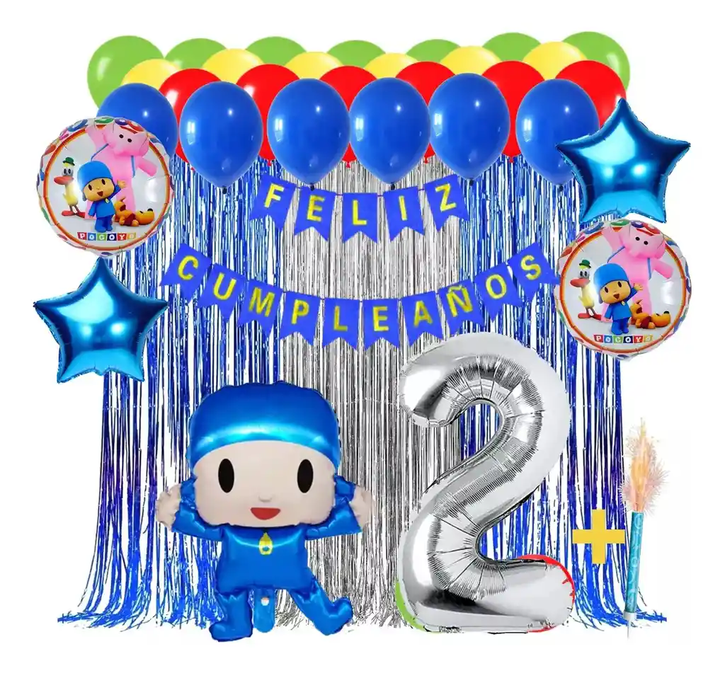 Kit Globos Decoracion Pocoyo Bebe Azul Cortina Flecos Feston #2