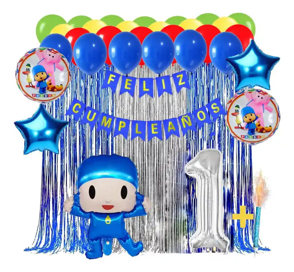 Kit Globos Decoracion Pocoyo Bebe Azul Cortina Flecos Feston #1