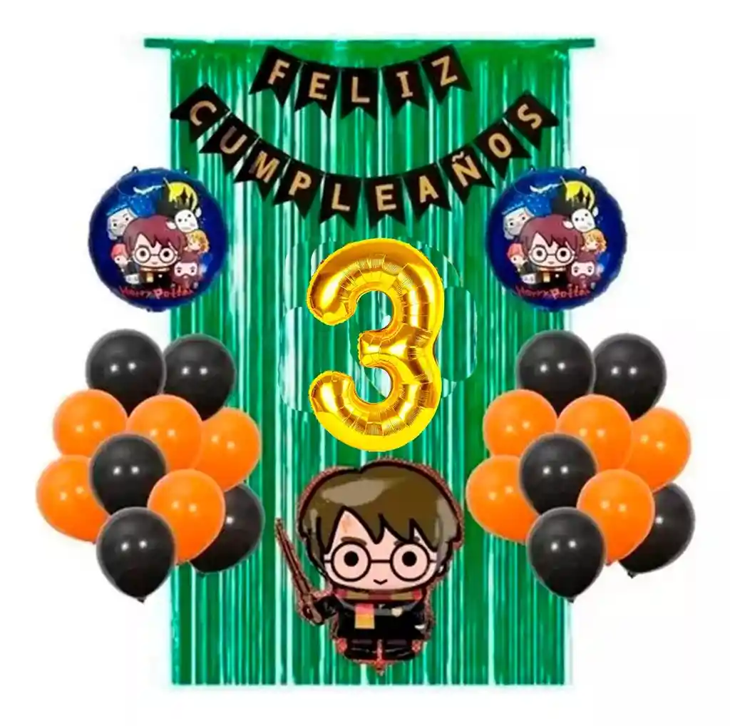 Kit Decoración Harry Potter Cumpleaños Cortina Verde Naranja #3