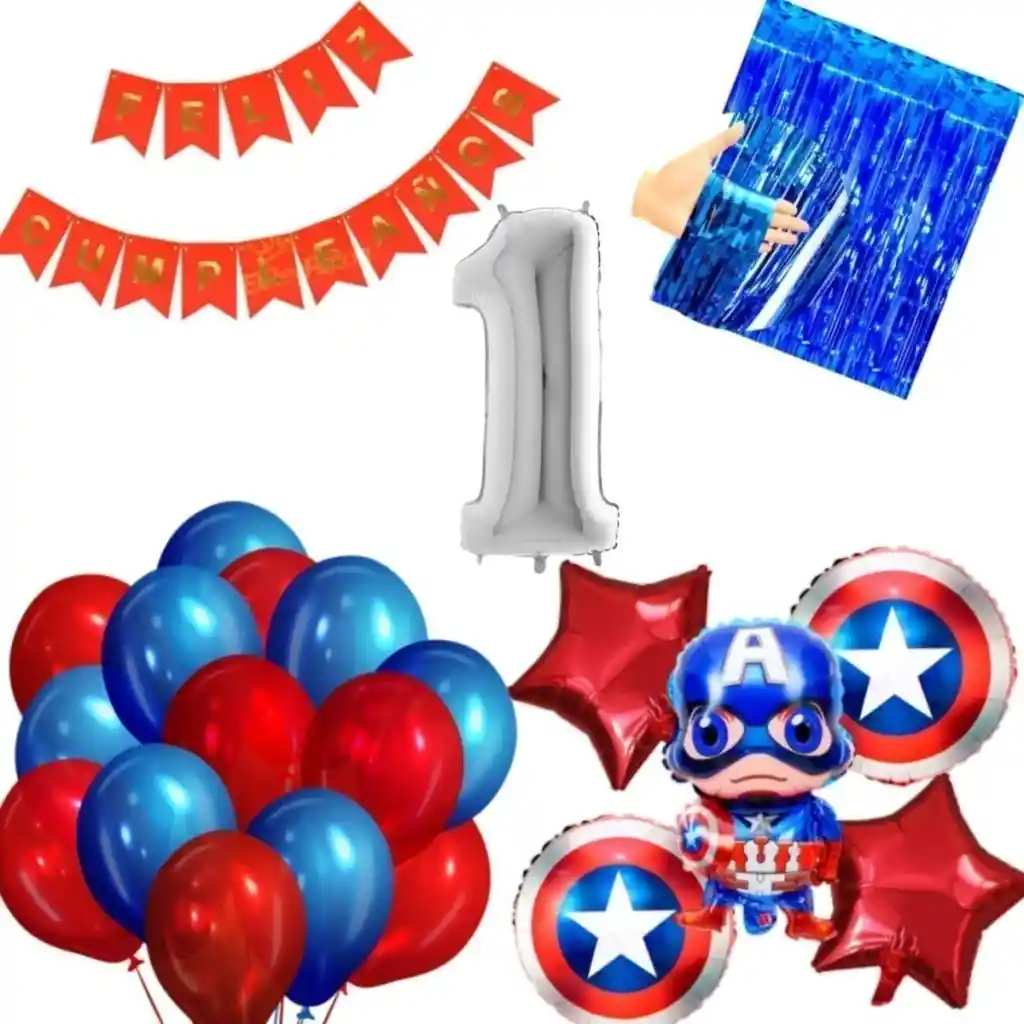 Kit Globos Festón Azul Rojo Héroe Capitán América Numero #1