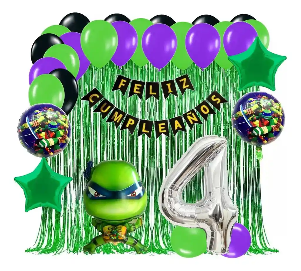 Kit Globos Tortugas Ninjas Cumpleaños Cortina Verde Niño #4