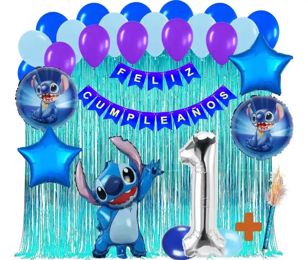 Fiesta Globos Cumpleaños Stitch Decoración Azul Cortina #1