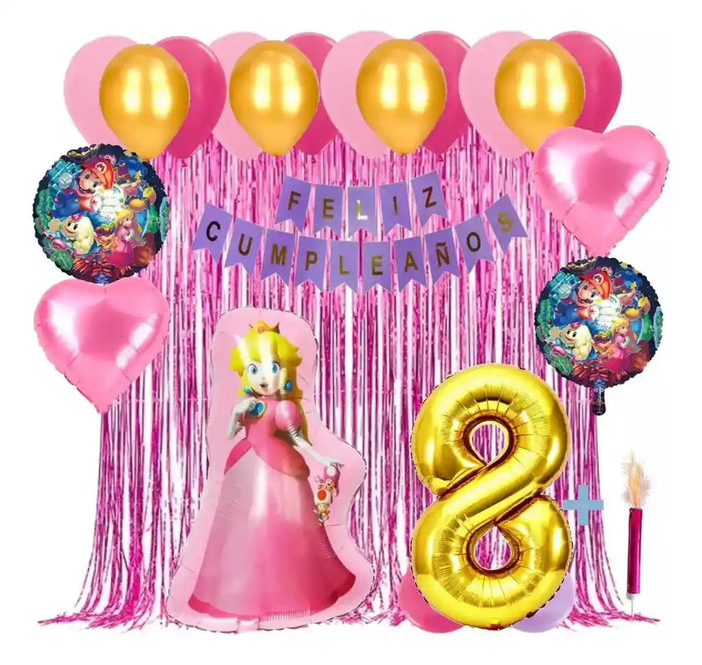 Decoracion Kit Globos Cumpleaños Peach Mario Bros Princesa #8