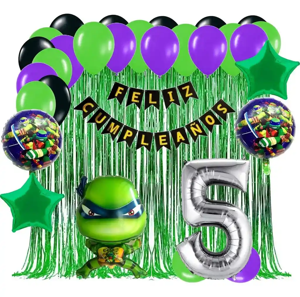 Kit Globos Tortugas Ninjas Cumpleaños Cortina Verde Niño #5