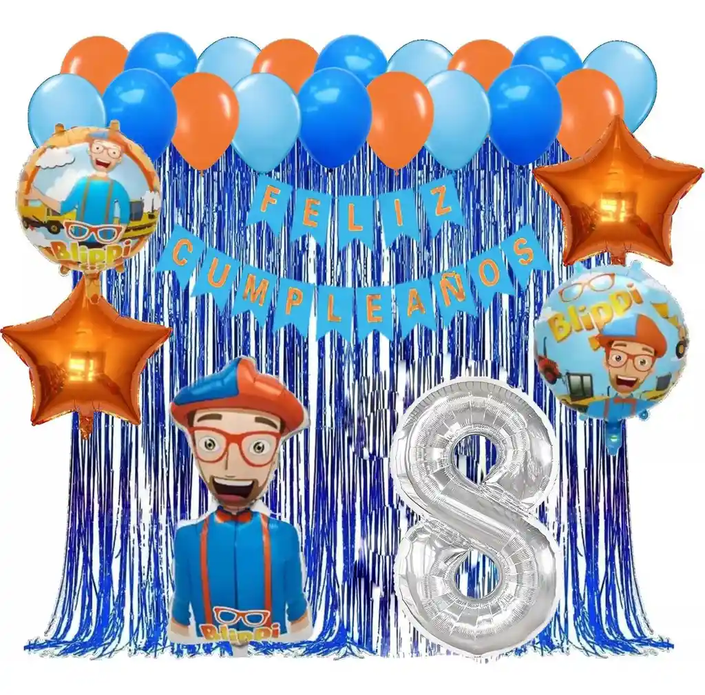 Kit Globos Cumpleaños Decoracion Blippi Youtuber Cortina #8