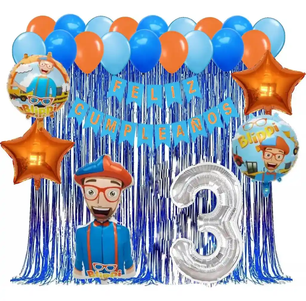 Kit Globos Cumpleaños Decoracion Blippi Youtuber Cortina #3