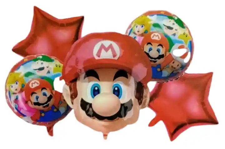 Bouquet X5 Globos Metálizados Cara Mario Bros