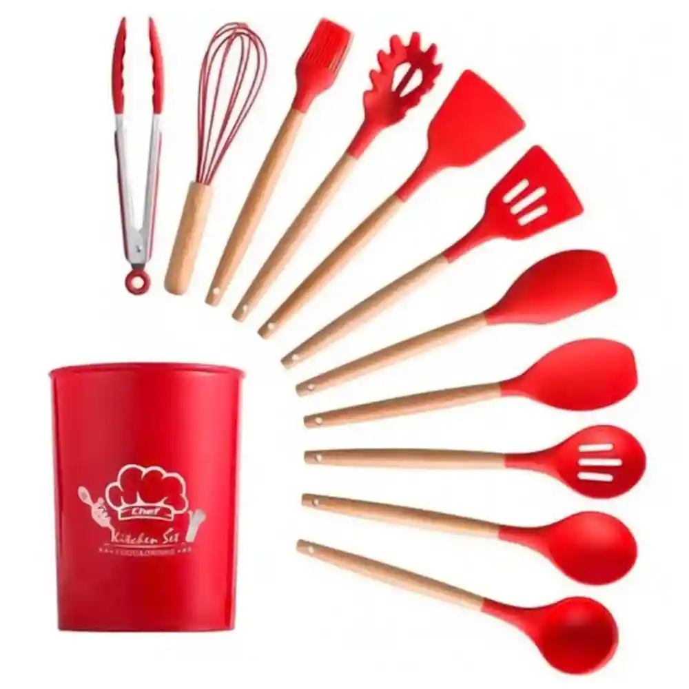 Set 12 Utensilios Cocina Esenciales Silicona Resistentes Calor Rojo