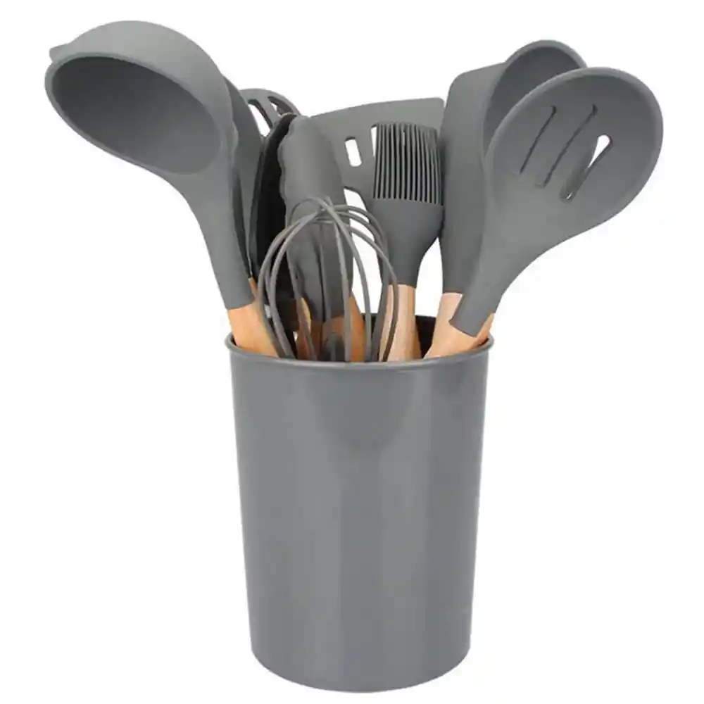 Set 12 Utensilios Cocina Esenciales Silicona Resistentes Calor Gris