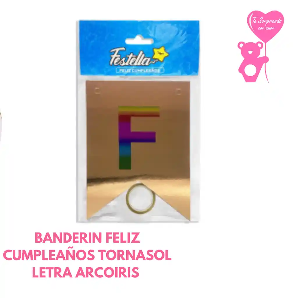 Banderin Oro Rosa Tornasol Letra Arcoiris Feliz Cumpleaños