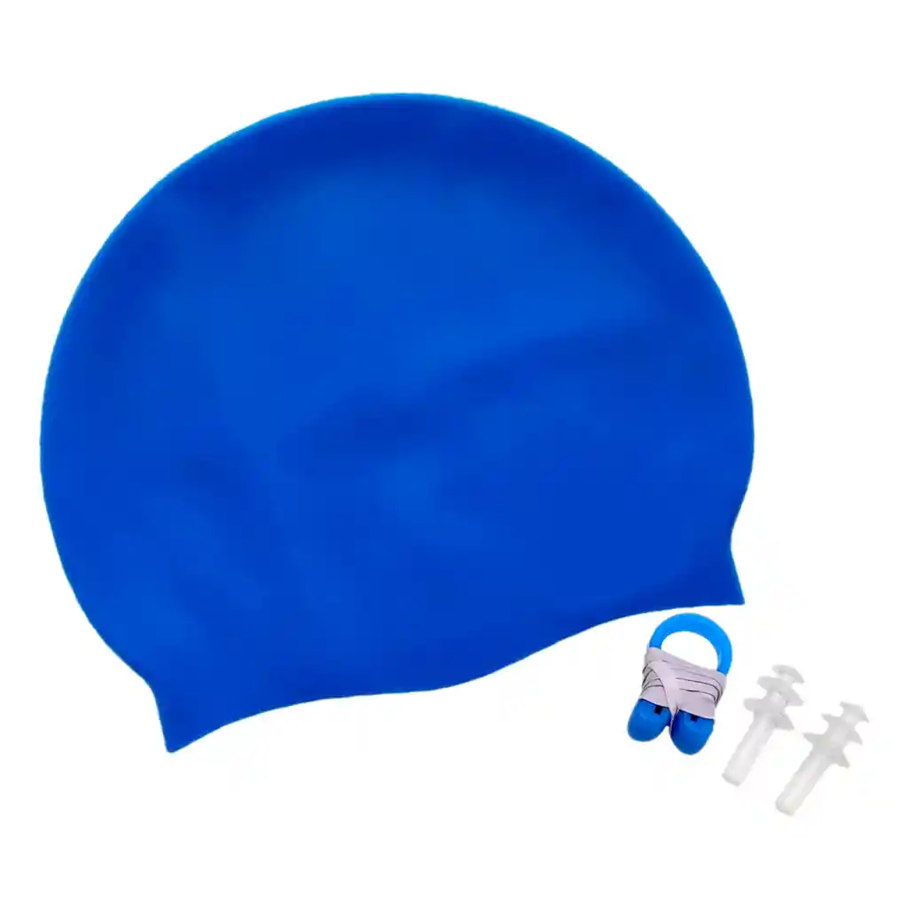 Gorro De Natación En Silicona + Tapones Oídos + Clip Nariz Azul