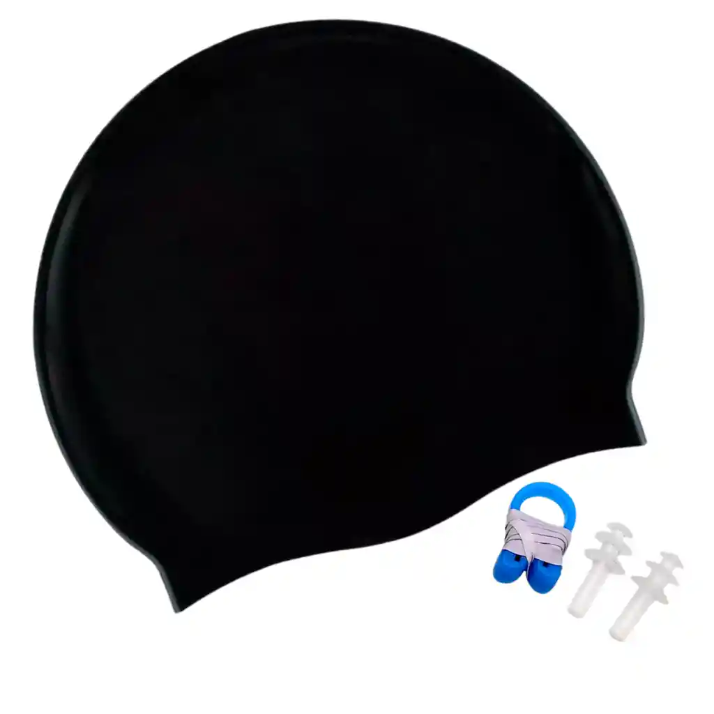 Gorro De Natación En Silicona + Tapones Oídos + Clip Nariz Negro