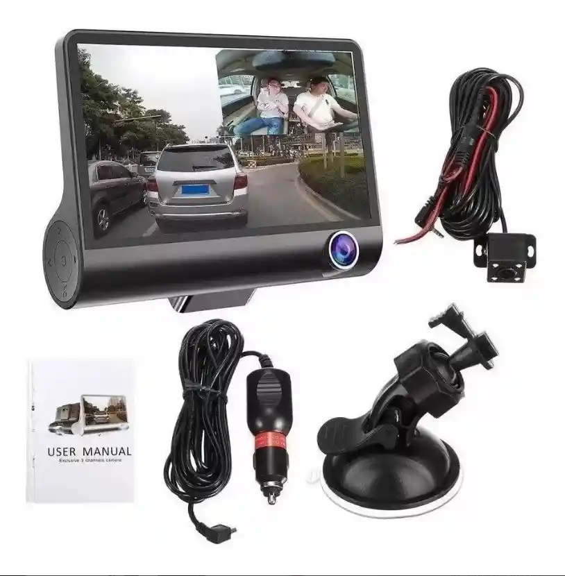 Video Camara Dvr Para Carro 3 Lentes Frontal Reversa Interno