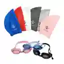 Set Natación Gorro Siliconado 102228 + Gafas Uv Anti Fog Tapa Oido Zs801 (unisex)/ Rosado-102228/zs801