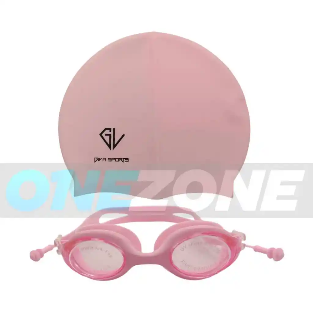 Set Natación Gorro Siliconado 102228 + Gafas Uv Anti Fog Tapa Oido Zs801 (unisex)/ Rosado-102228/zs801