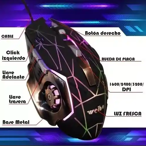 Mouse Gaming Weibo S200 Gamer Luces 6 Botones