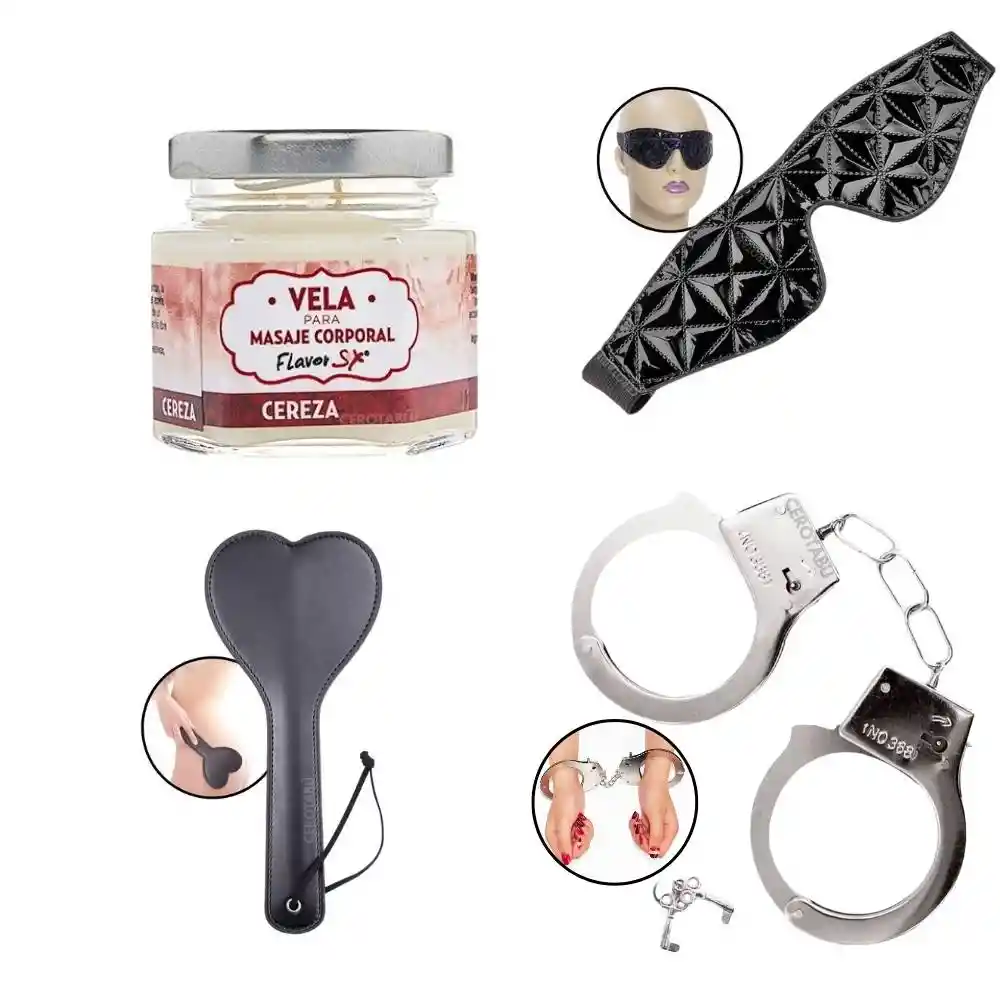 Kit Juguetes Sexuales Tapaojos + Paleta + Esposas + Velas Masajes