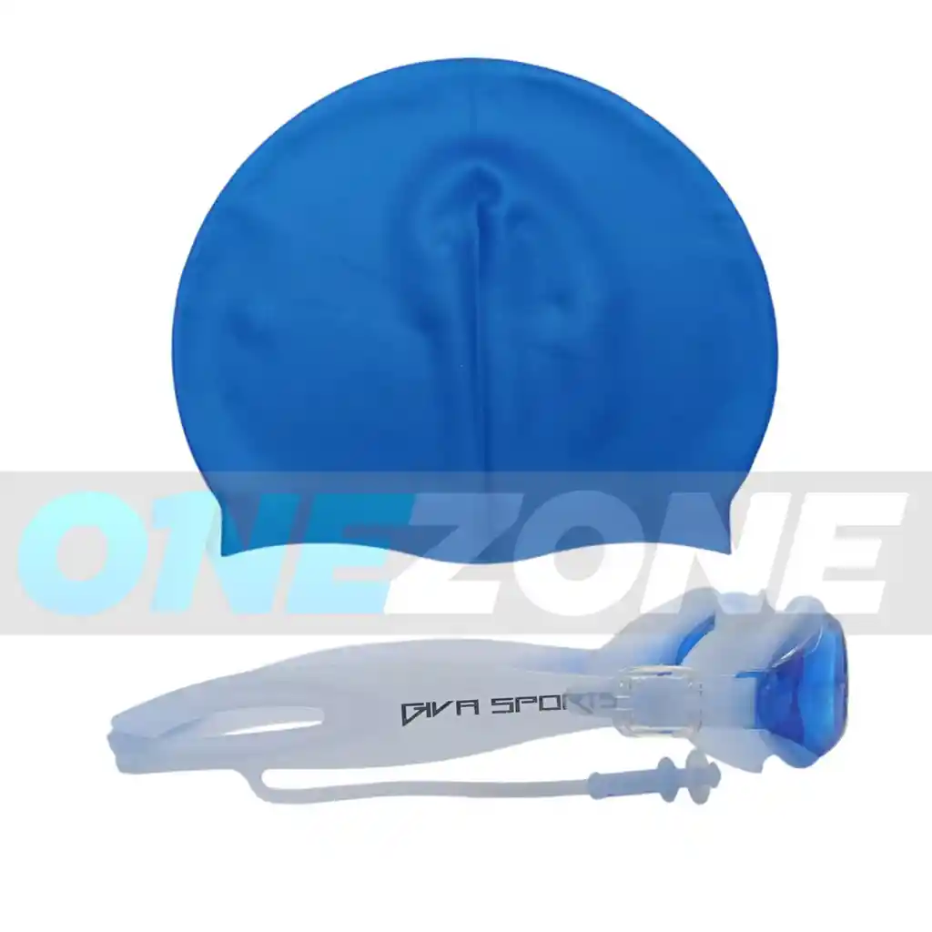 Set Natación Gorro Siliconado 102228 + Gafas Uv Anti Fog Tapa Oido Zs801 (unisex)/ Azul-102228/zs801