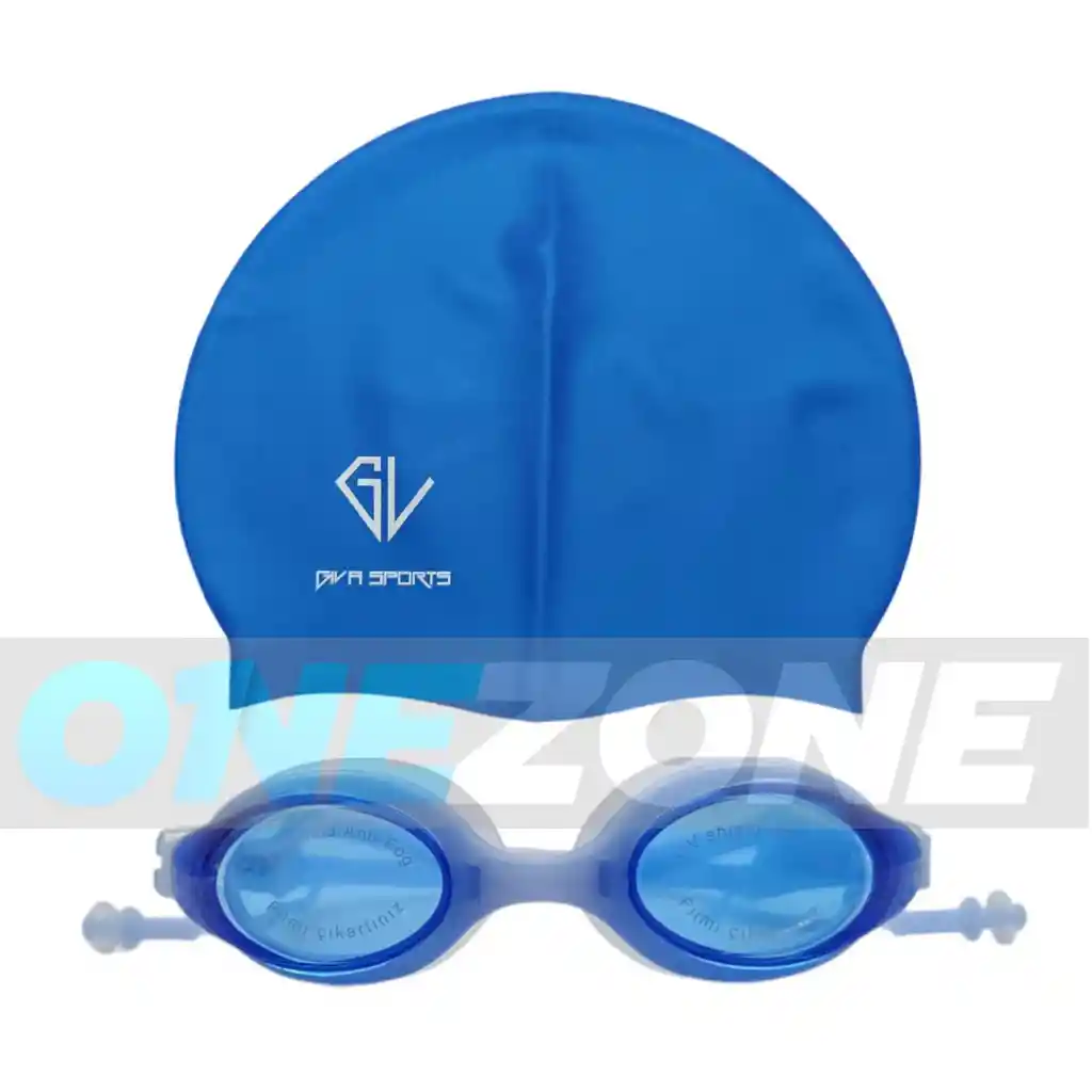 Set Natación Gorro Siliconado 102228 + Gafas Uv Anti Fog Tapa Oido Zs801 (unisex)/ Azul-102228/zs801