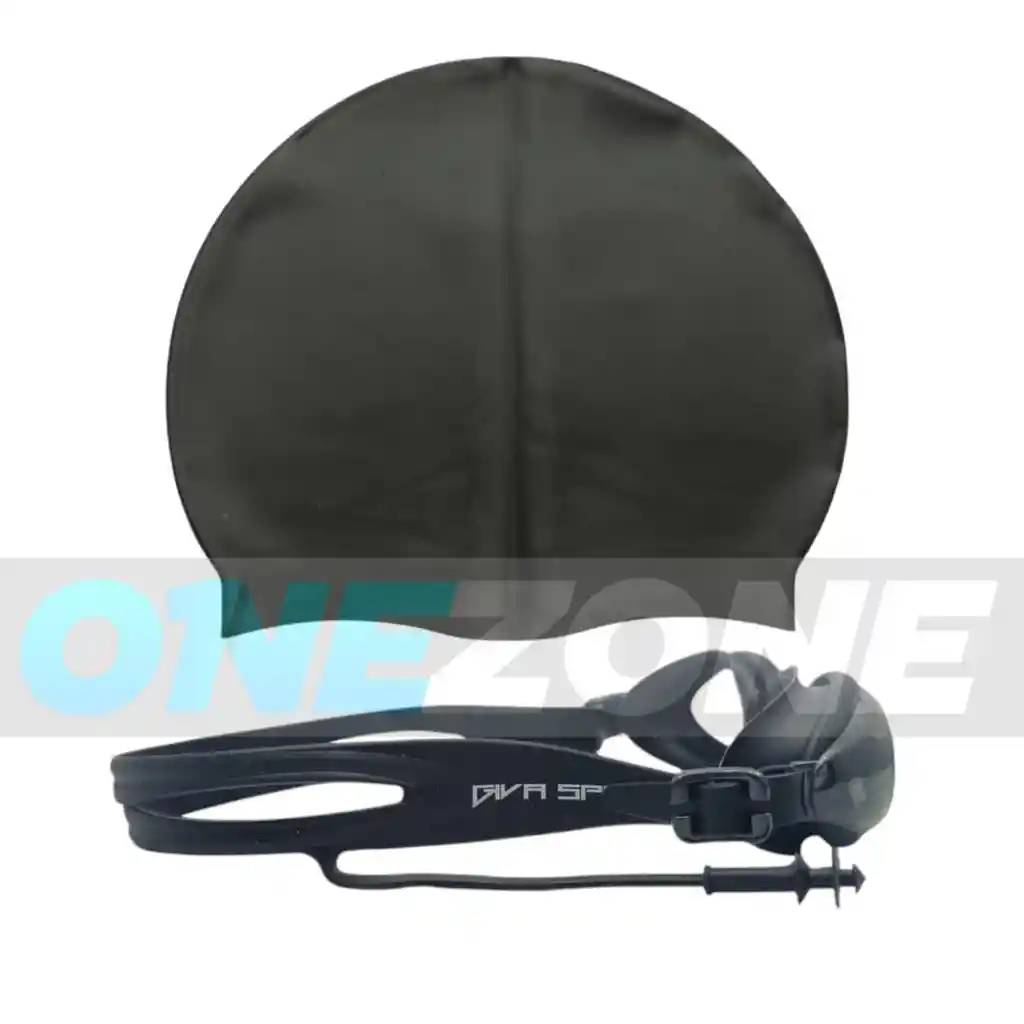 Set Natación Gorro Siliconado 102228 + Gafas Uv Anti Fog Tapa Oido Zs801 (unisex)/ Negro-102228/zs801