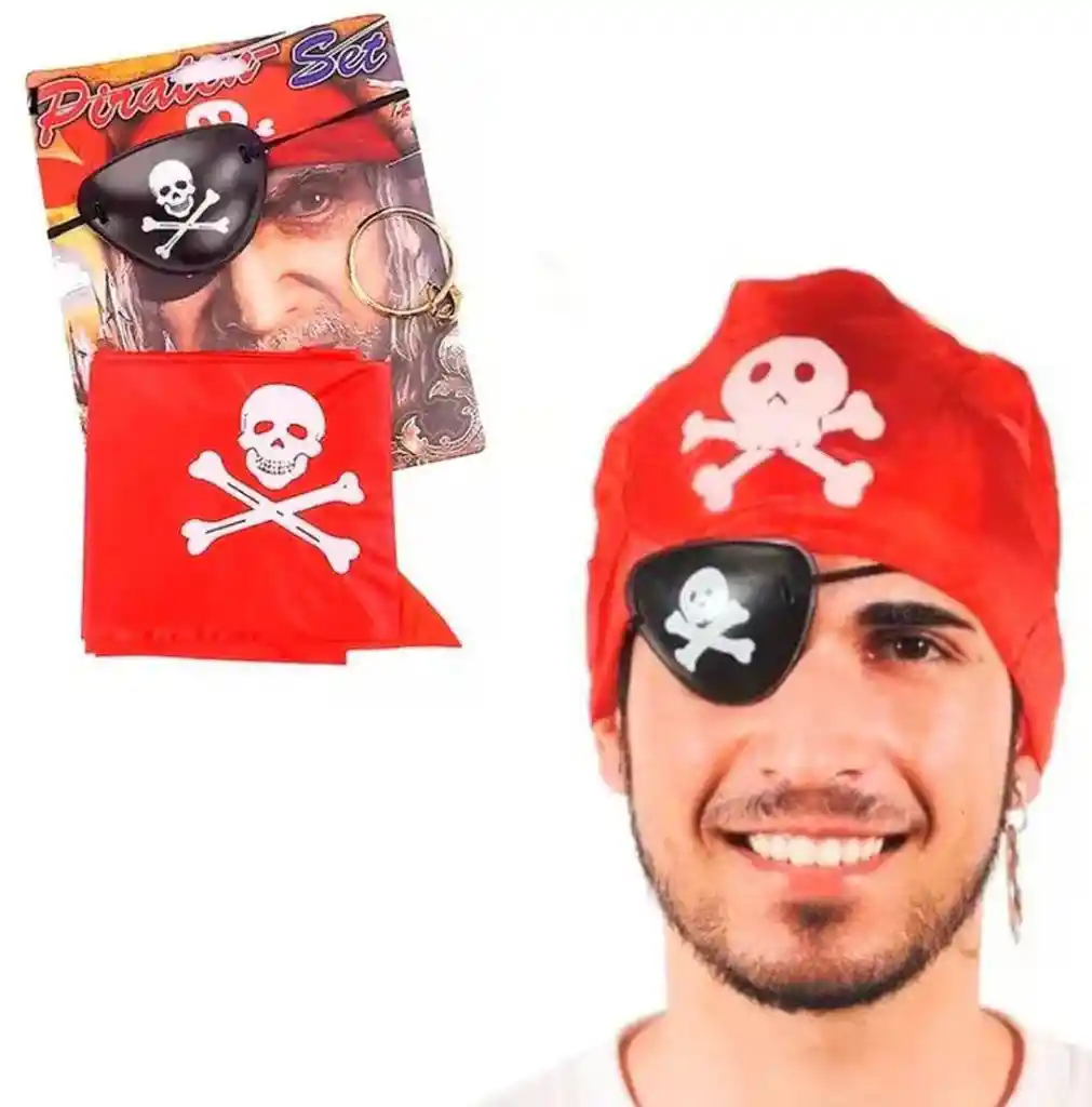 Kit Pirata Accesorios Parche, Pañoleta Y Arete Cosplay Disfraz Halloween