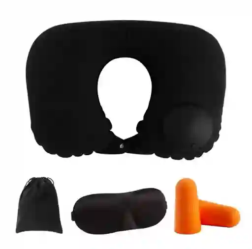 Almohada Viaje Tapa Ojos, Oído + Estuche - Negro