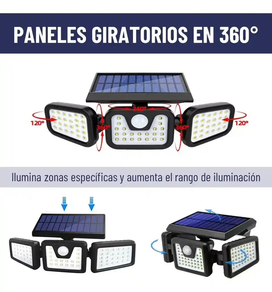 Lampara Solar Led Exterior Sensor Movimiento 3 Direccion