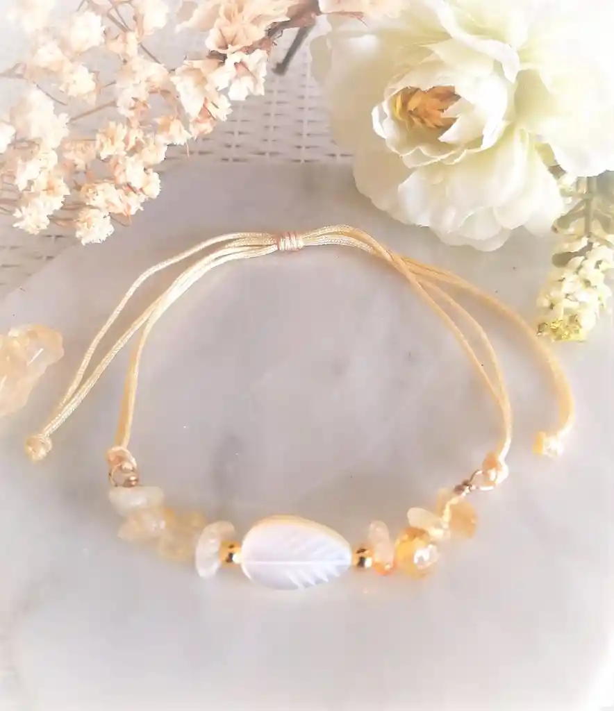 Pulsera Piedra Citrino Dije Hoja En Nacar A Domicilio