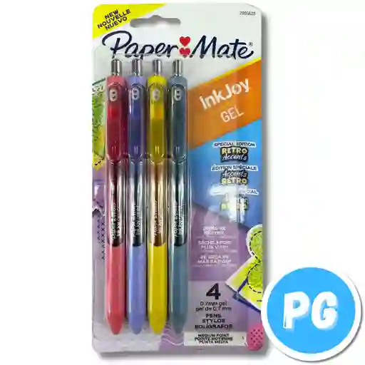 Paquete Esfero Paper Mate Ink Joy Gel 0.7mm X4 Unds Surtido Retro Accents