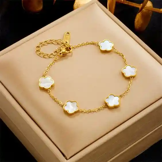 Pulsera Trebol Clov Piedra Blanca Dorado Rodinado