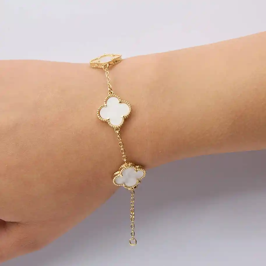 Pulsera Trebol Clov Piedra Blanca Dorado Rodinado