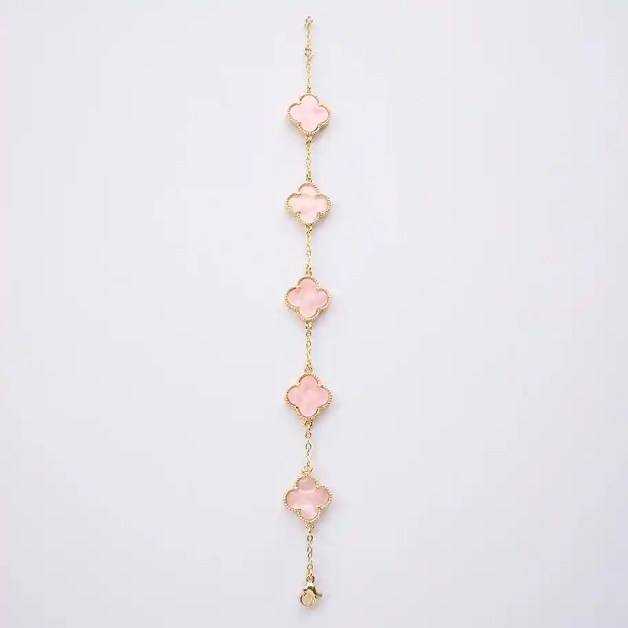 Pulsera Trebol Clov Piedra Rosada Dorado Rodinado