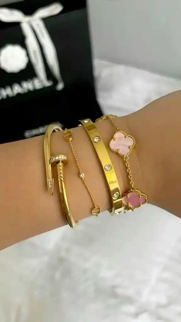 Pulsera Trebol Clov Piedra Rosada Dorado Rodinado