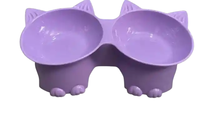 Comedero Doble Para Mascotas Cara De Gato Color Lila