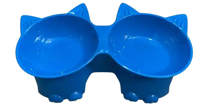 Comedero Doble Para Mascotas Cara De Gato Color Azul Oscuro