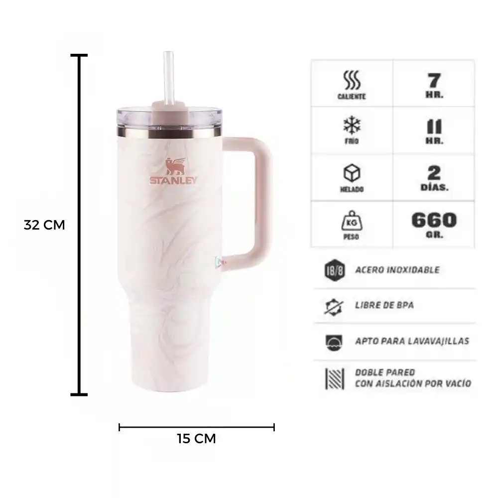 Termo Stanley Quencher Genérico 1.1 40 Oz Acero Inoxodable Blanco Con Rosado