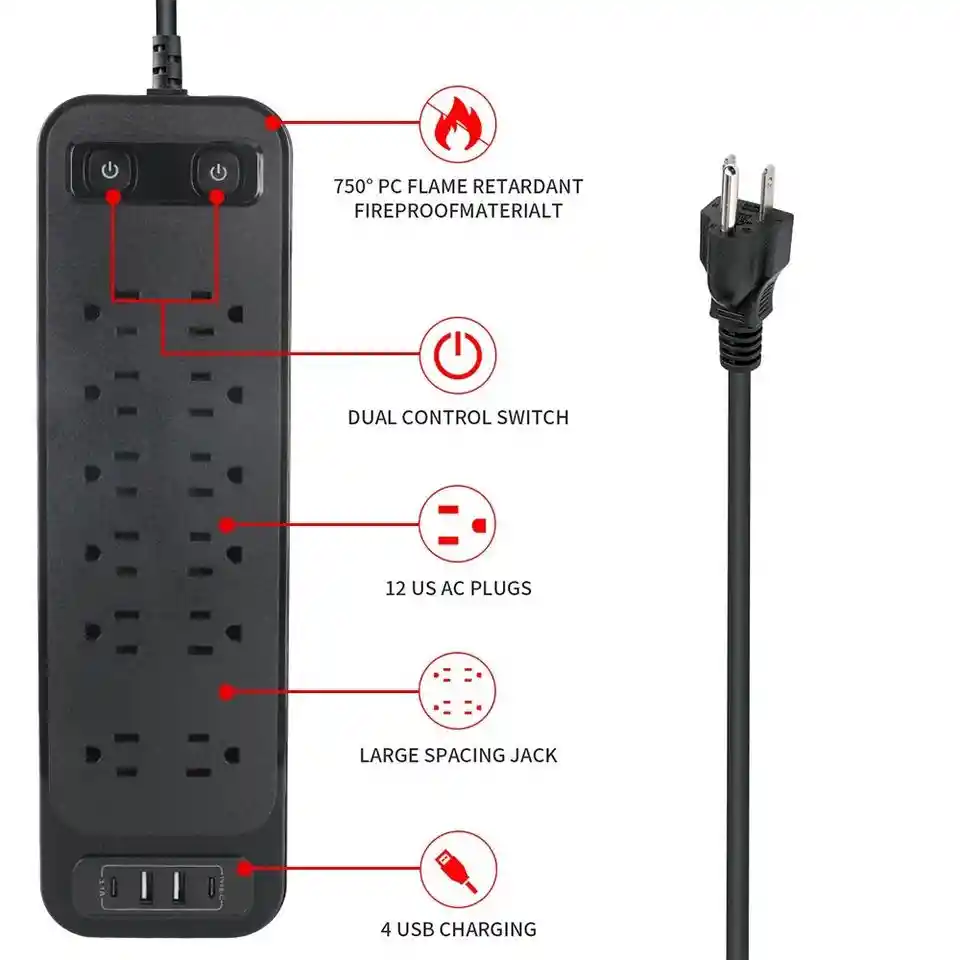 Supresor De Picos Harvic 2 Tomas+2 Puertos Usb +2 Puertos Tipo C Carga Rapida /multitoma