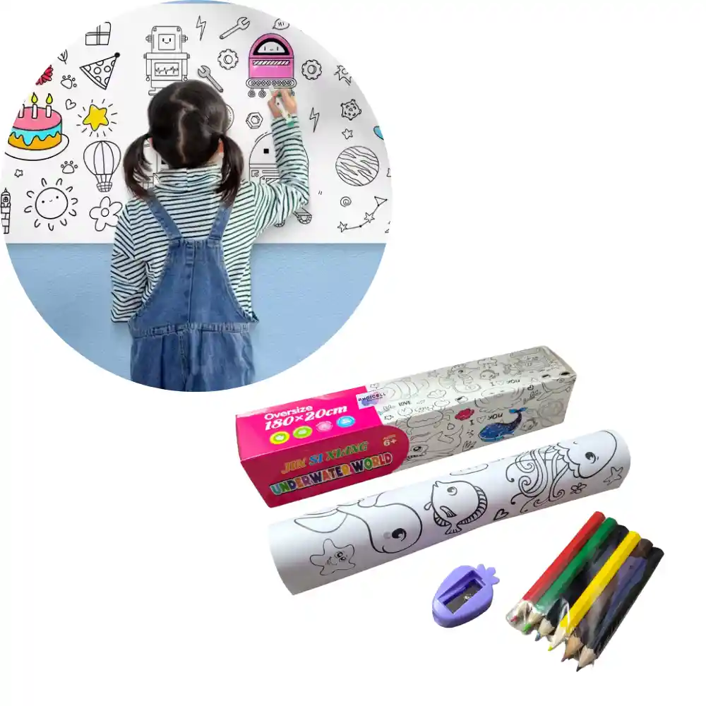 Kit De Colorear Para Niños Rollo Papel + Colores + Tajalápiz