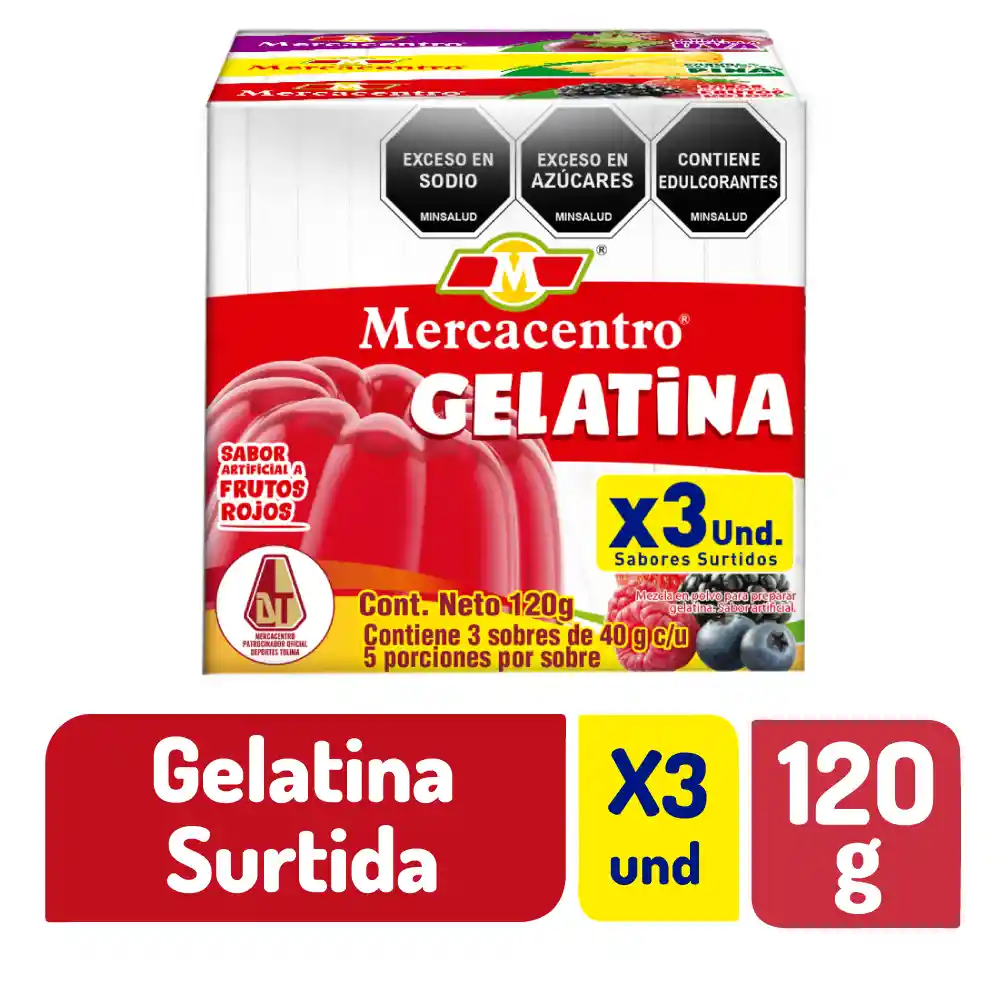 Gelatina Mercacentro X 3 Und (uva, Piña Y Frutos Rojos)