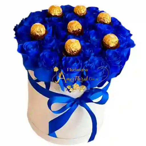 Cilindro De Rosas Azules Y Chocolates