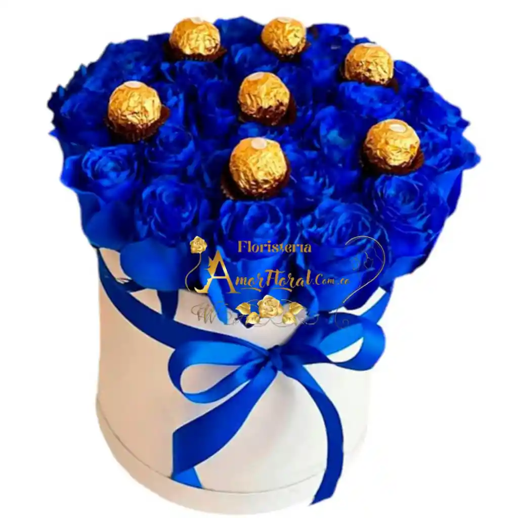 Cilindro De Rosas Azules Y Chocolates