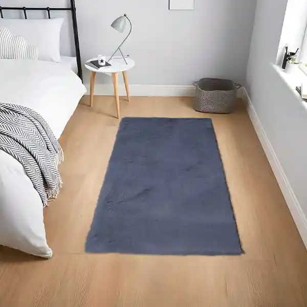 Tapete Pie De Cama Antideslizante Piel Conejo Sintetico Azul 50 X 80cm