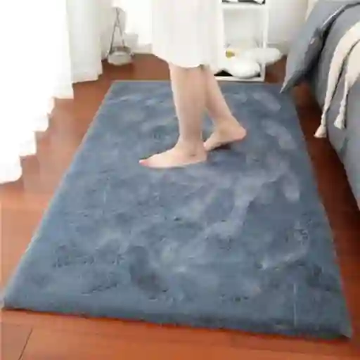 Tapete Pie De Cama Antideslizante Piel Conejo Sintetico Azul 50 X 80cm
