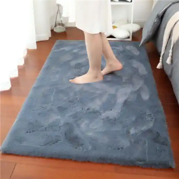 Tapete Pie De Cama Antideslizante Piel Conejo Sintetico Azul 50 X 80cm