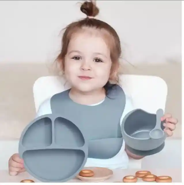 Kit Alimentación Bebe Vajilla Silicona Plato Babero 10 Pzas Gris