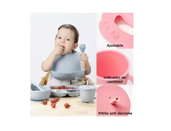 Kit Alimentación Bebe Vajilla Silicona Plato Babero 10 Pzas Gris