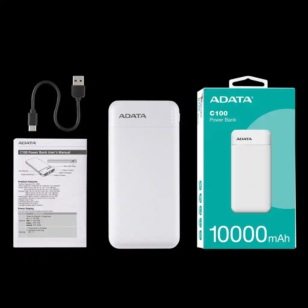 Power Bank 10000mah Adata C100 Carga Rápida Qc / Pd 20w Wht