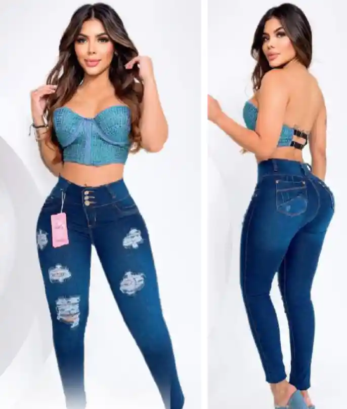 Jeans De Dama, Tres Botones, Desgastado, Levanta Cola - Talla 8