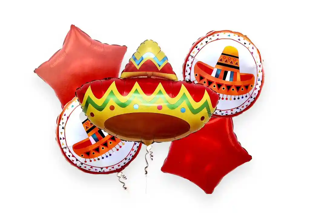 Bouquet Globos Bombas Fiesta Mexicana Naranja Sombrero Hora Loca X5 Unds